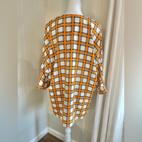 Zara Women Orange & White Checkered Dolman Sleeve High Low V Neck Blouse Tunic - Picture 4 of 5